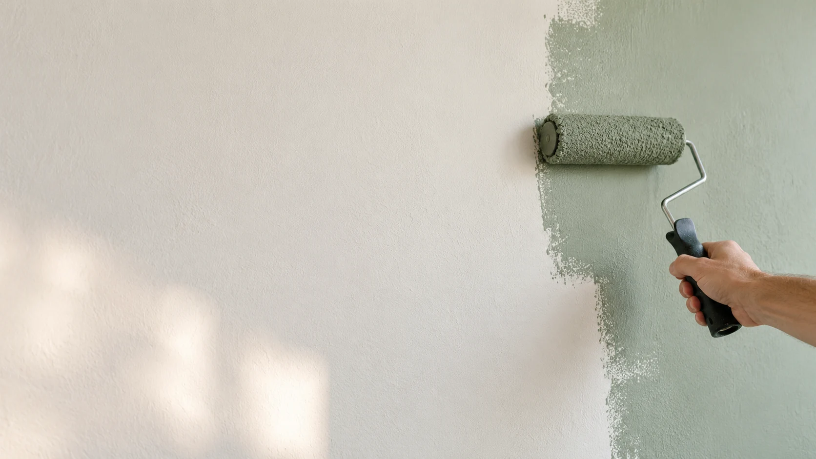 Eine Farbrolle trägt einen salbeigrünen Anstrich auf eine helle Wand auf
